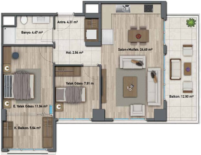 	 Modern Apartments In Central Istanbul - 2 Bed floor plan