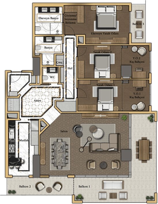 Panoramic Apartments - Istanbul City Centre  - Sample 3 bedroom floor plan