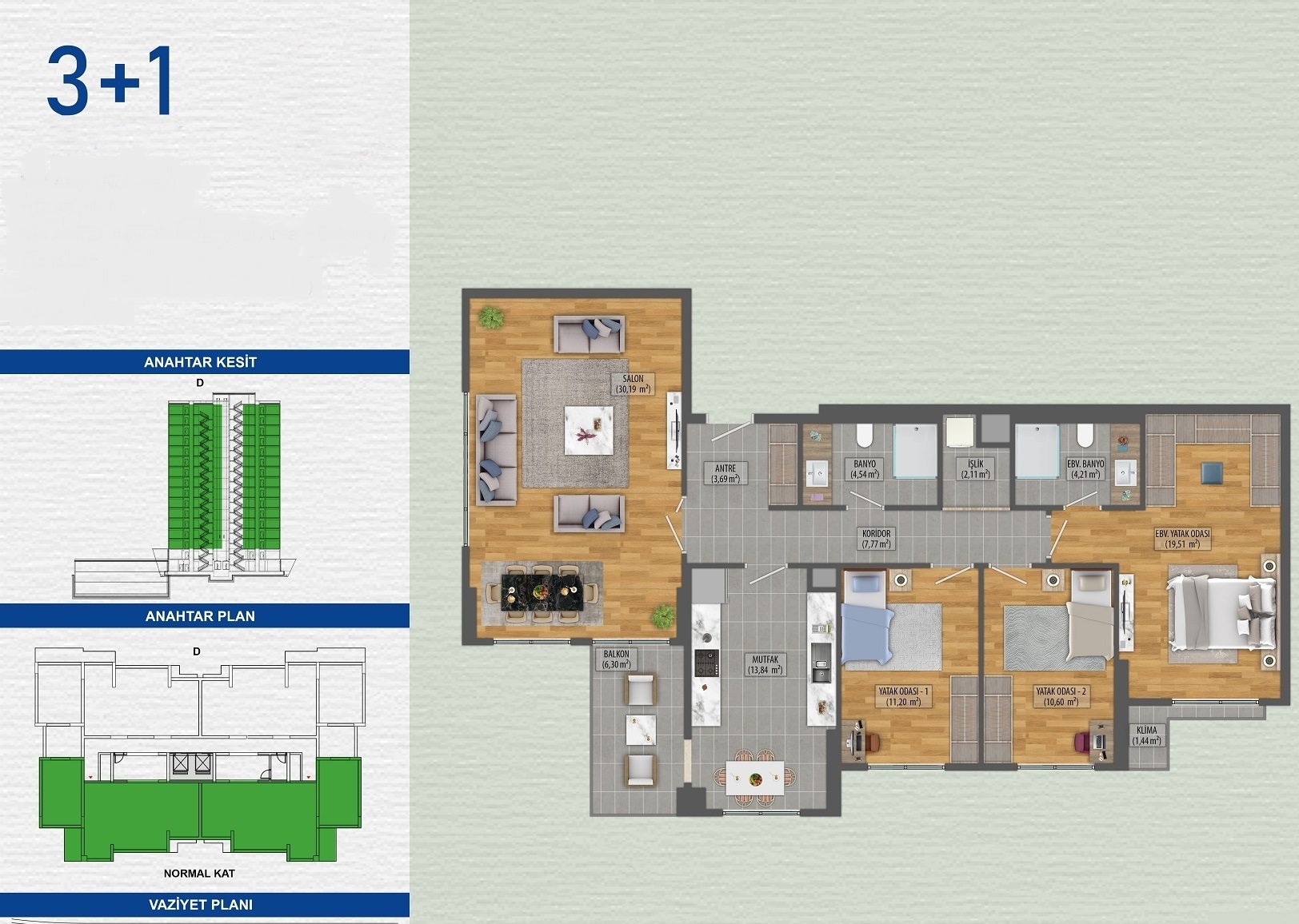 Luxury Istanbul Apartments For Sale - Sample 3 bedroom layout plan