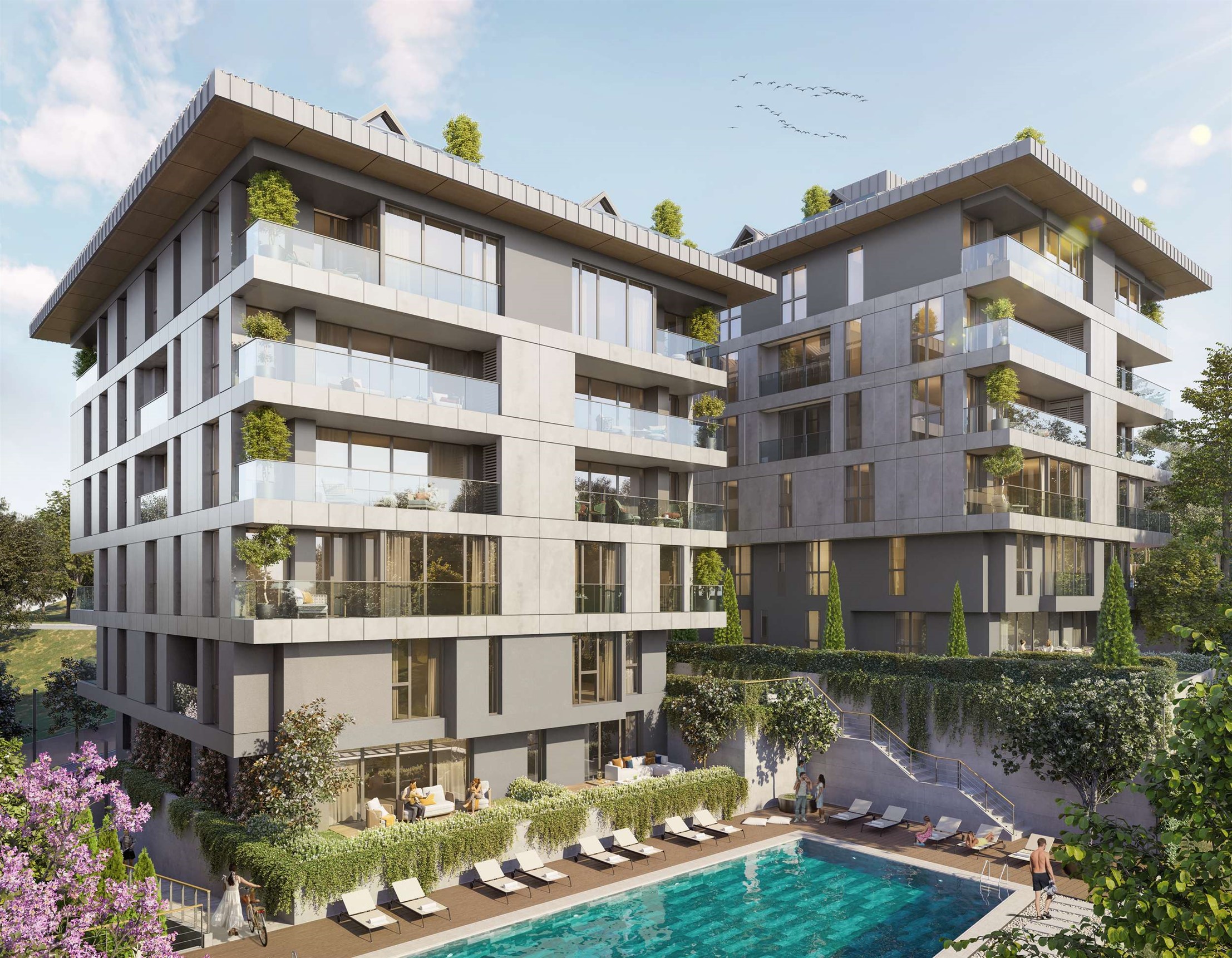Off-plan Uskudar Apartments in Istanbul for Sale - View of blocks with pool
