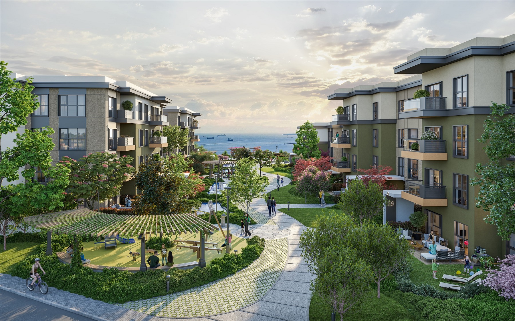 Modern Off-Plan Asian Istanbul Properties For Sale - Main view of apartments and communal gardens
