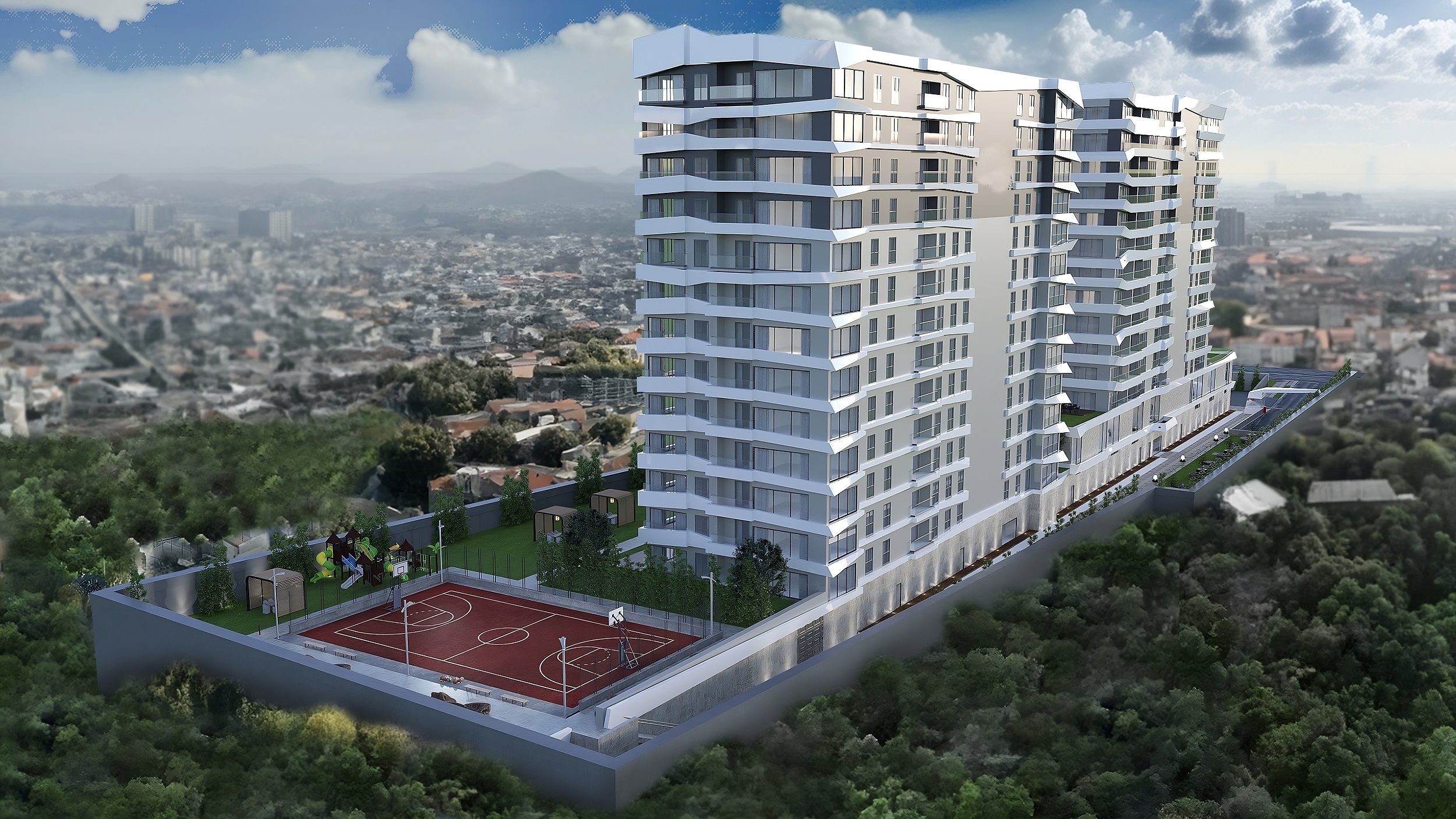 Stylish Istanbul Apartments For Sale in Bagcilar- Main view of apartment complex and basketball court