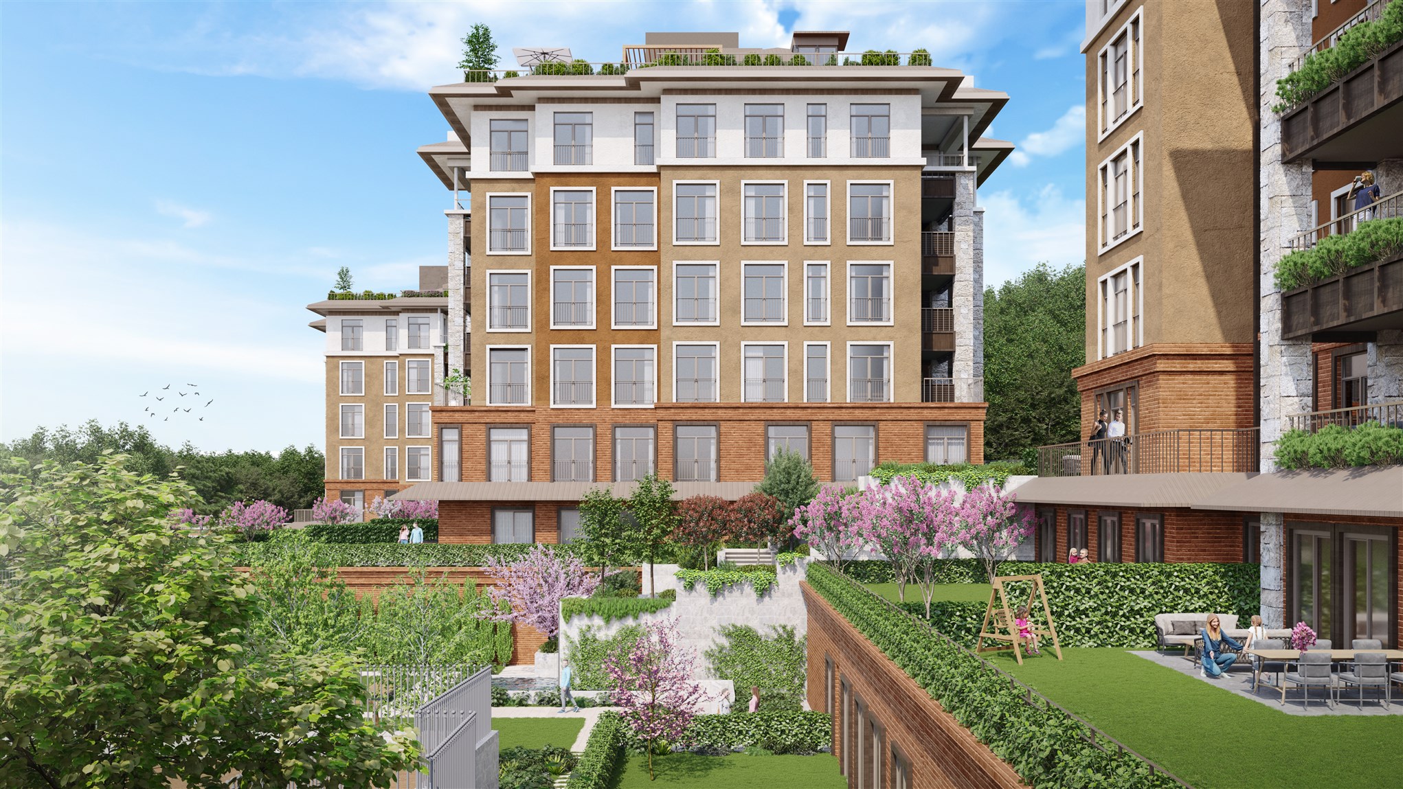 Newly Built Istanbul Apartments In Eyup City Centre- View of apartment block from the gardens