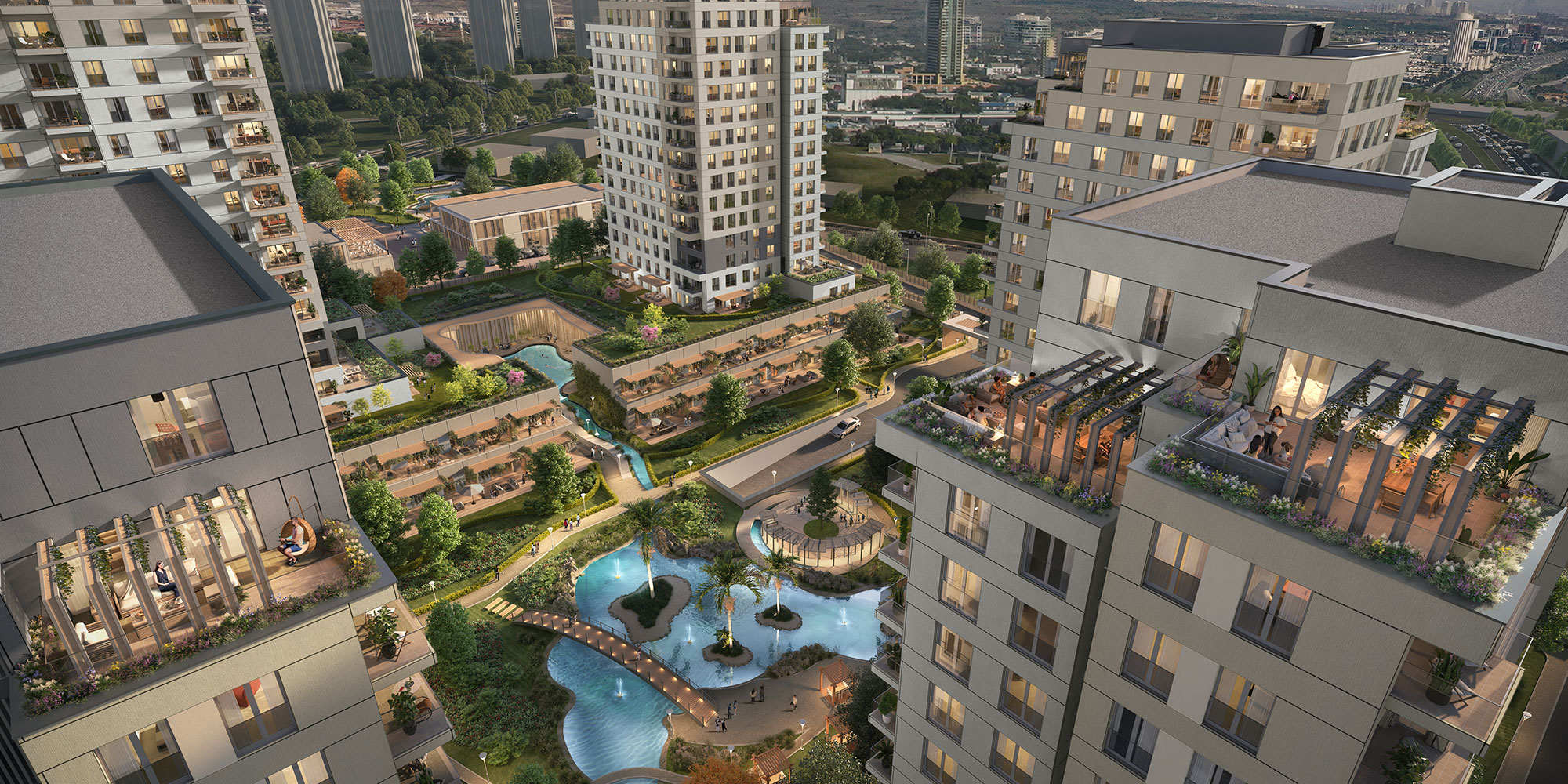Upscale Off-Plan Apartments For Sale - Arial view down over the otwers and social exterior spaces