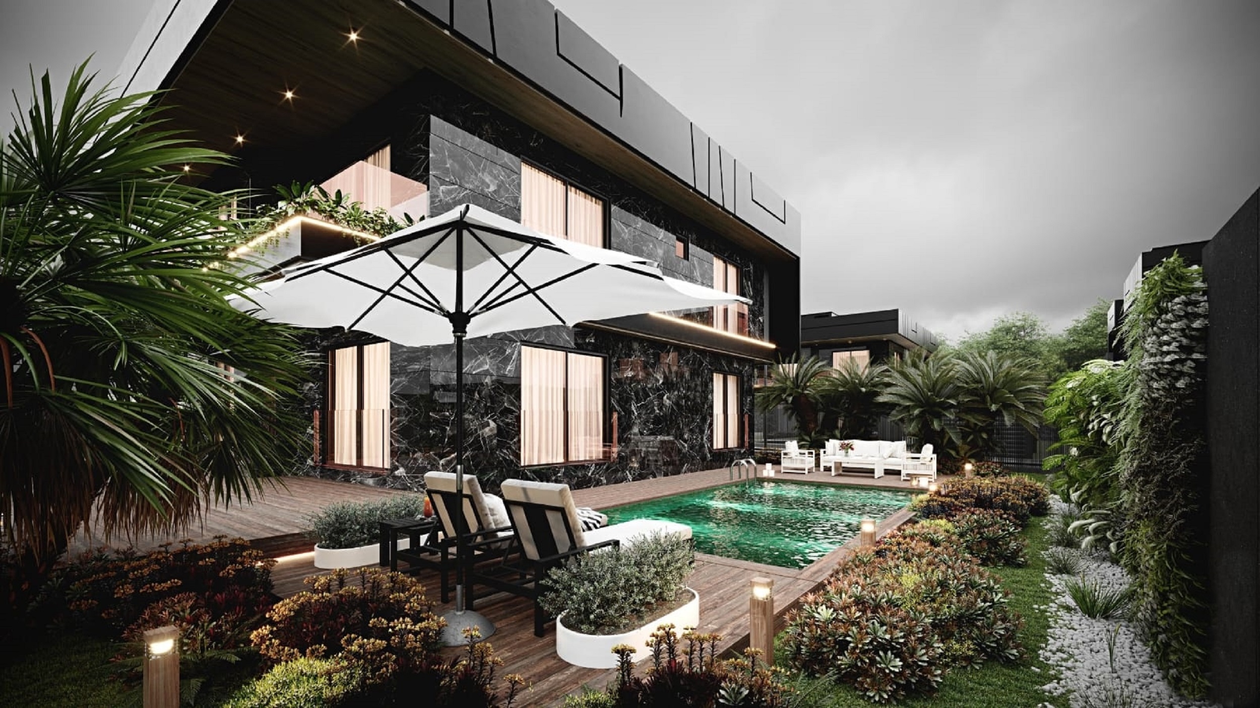 Superb Smart-Home Duplex Villas in Istanbul For Sale - Main view to the villa and private pool