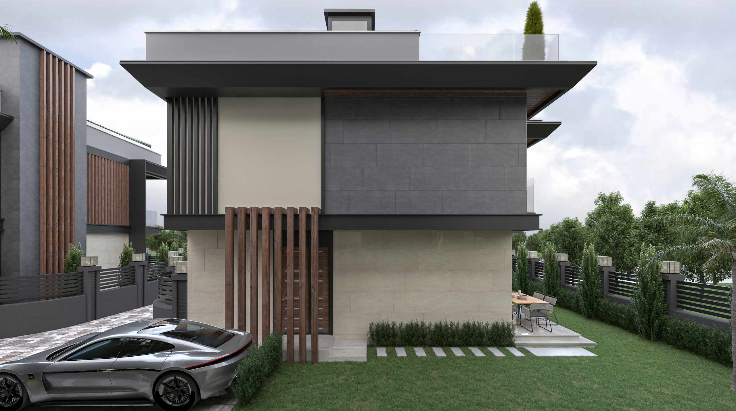 Istanbul Sea View Smart-Home Villas For Sale in Buyukcekmece - Side view of the villa with driveway