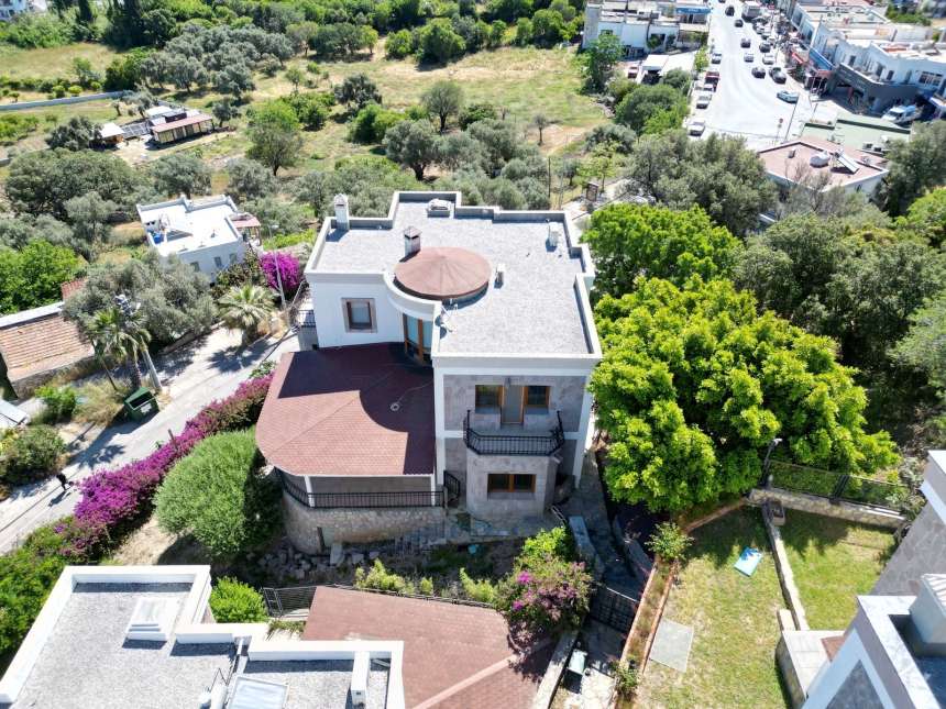 Traditional Sea-View Yalikavak Villa For Sale – Arial view over the villa and gardens