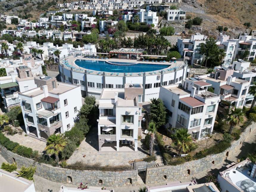 Sea View Triplex Bodrum Villa For Sale In Koyunbaba, Gumusluk - Arial view showing the entire complex