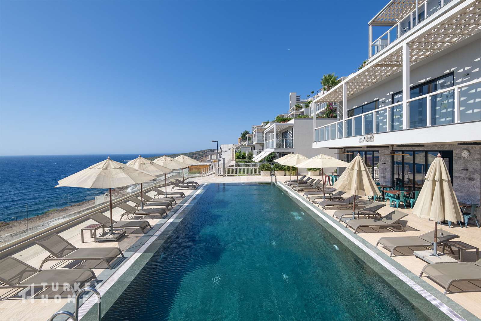 Sea View Apartment In Gumusluk, Bodrum For Sale – Communal pool with full sea views