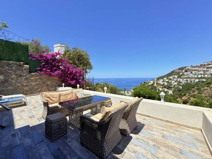 Exquisite Semi-Detached Yalikavak Villa For Sale - Large terrace with beautiful sea views